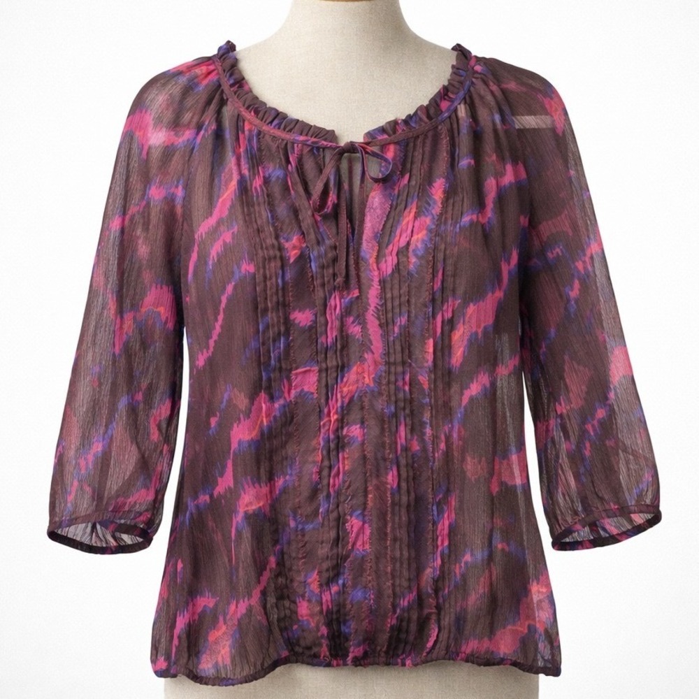 Express Y2K Sheer‎ Chiffon Top Size M Pink Purple Abstract Ruffle Funky Artsy